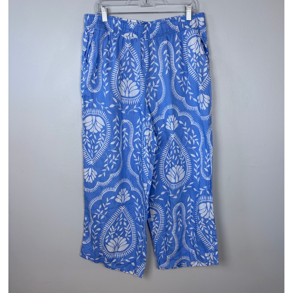 Joie 100% Linen Cropped Wide Leg Floral Leaf Print Pant Light Blue White Size XL